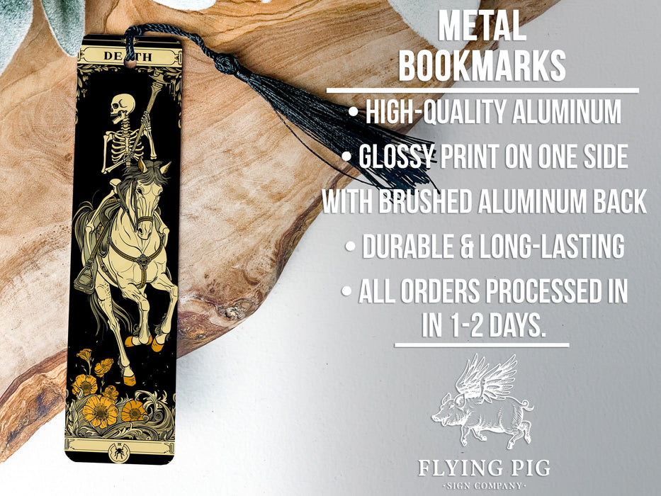a bookmark with a skeleton riding a horse on it