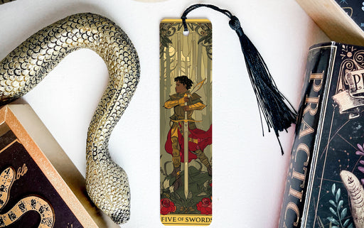 a bookmark with a picture of a man holding a sword