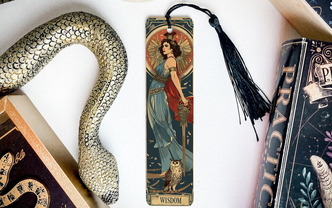 a bookmark with a snake and a woman on it