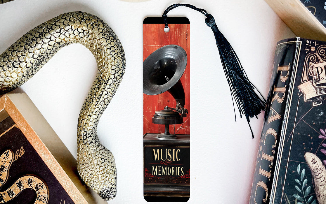 a bookmark with a horn and a snake on it