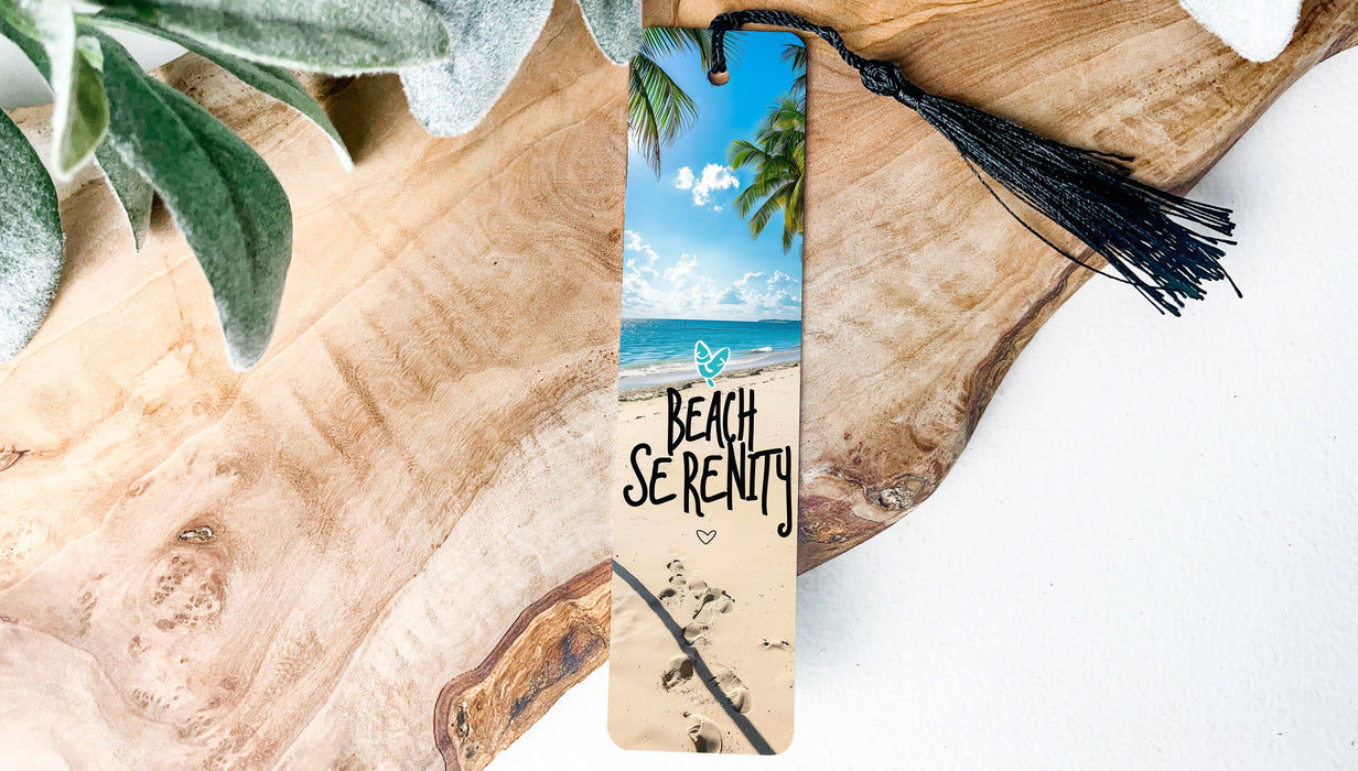 a bookmark with a picture of a beach on it