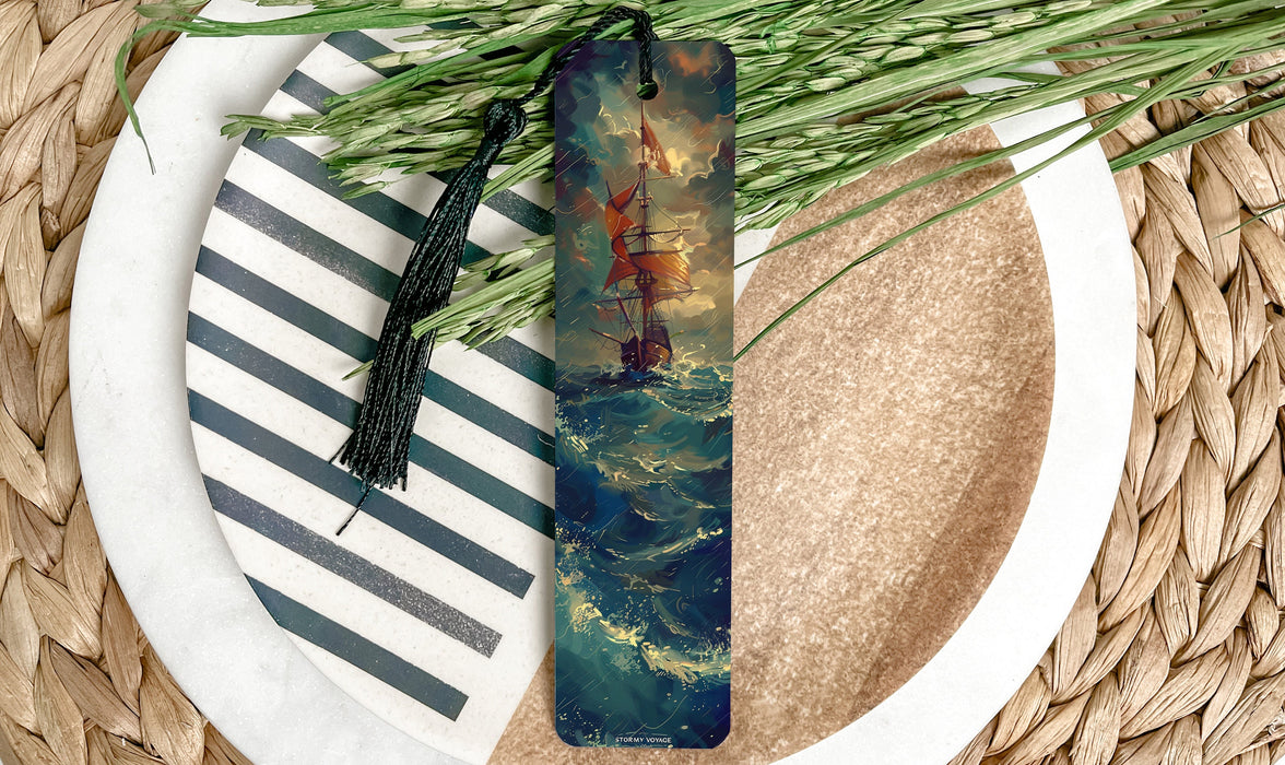 a bookmark with a painting of a ship on it