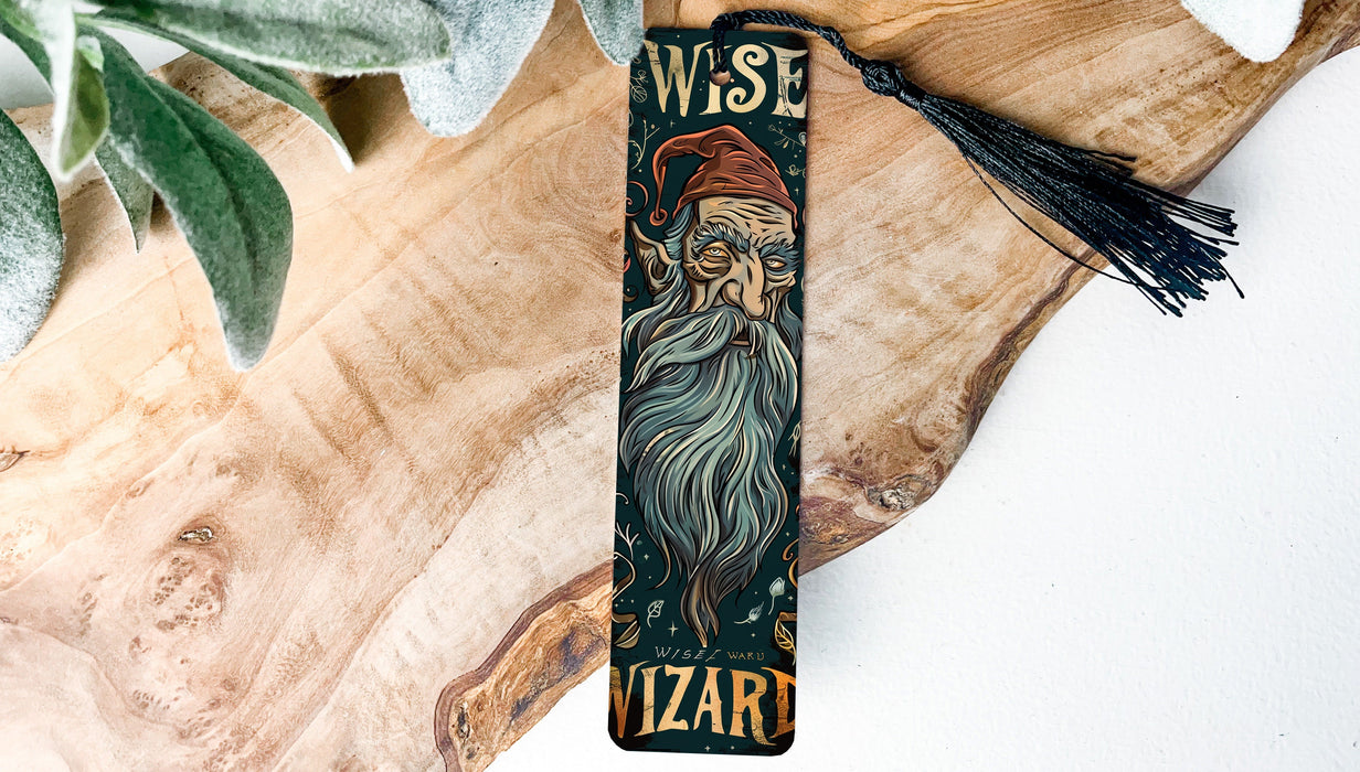 a wooden bookmark with a picture of a wizard on it