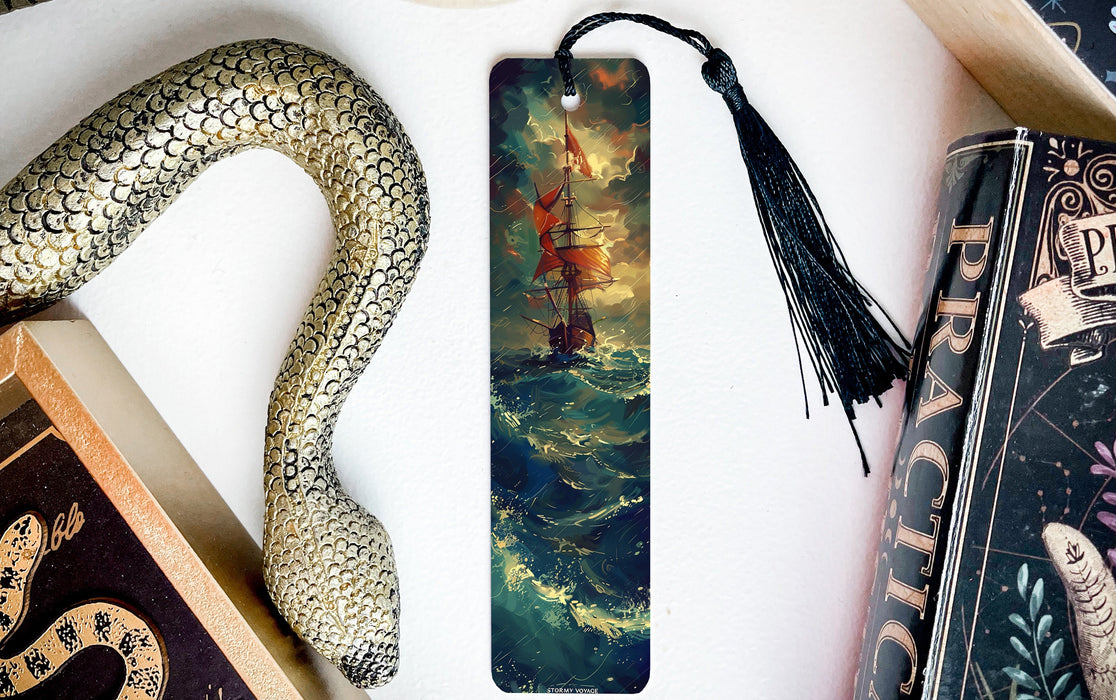 a bookmark with a painting of a ship on it