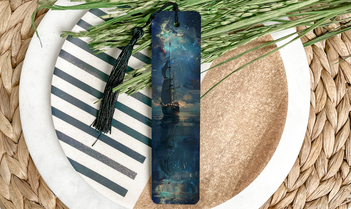 a bookmark with a picture of a ship on it
