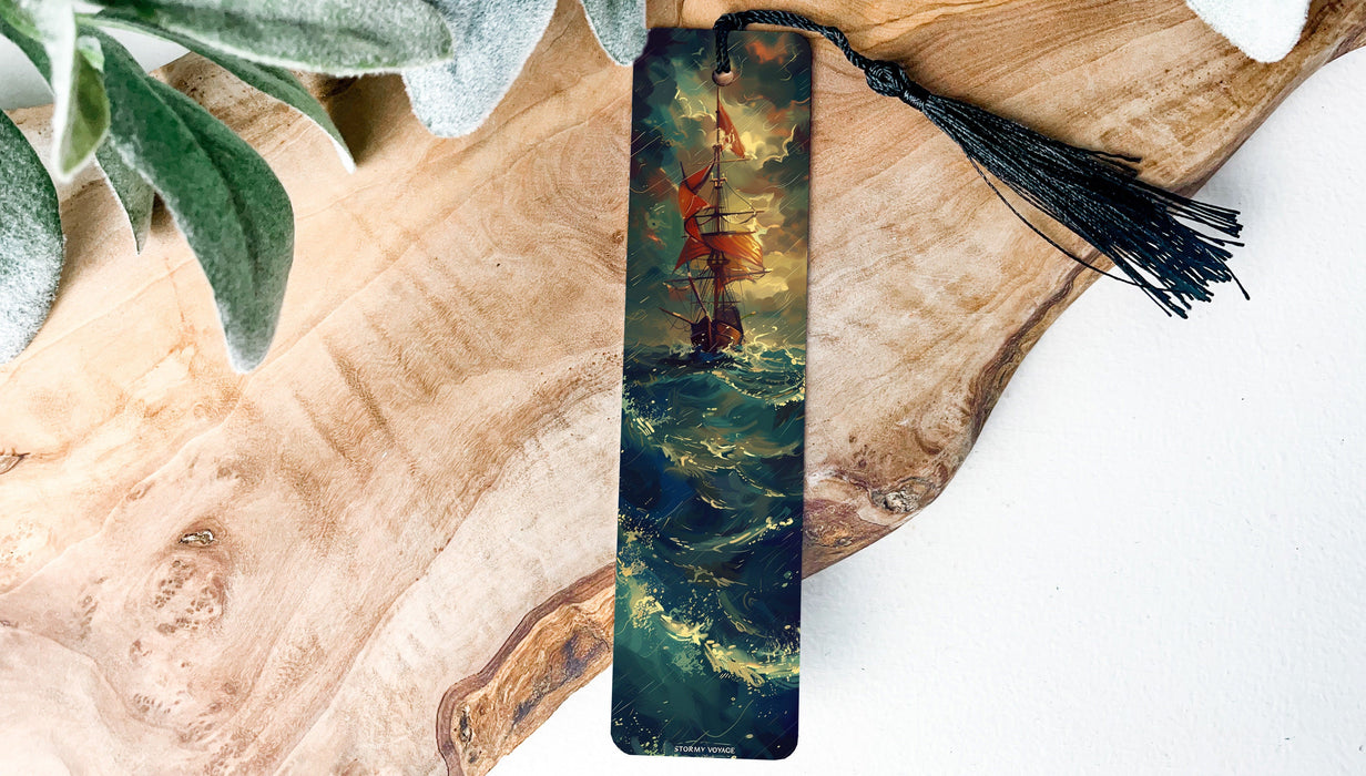 a bookmark with a painting of a ship on it