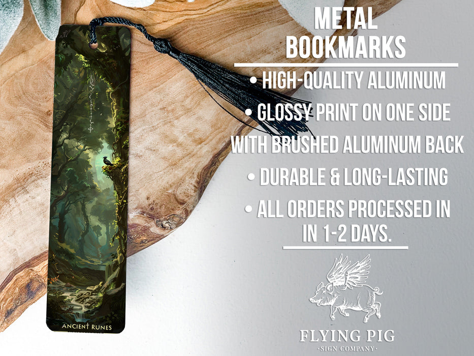 a bookmark with a picture of a forest on it