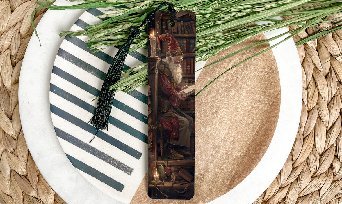 a bookmark with a painting of a woman on a bench