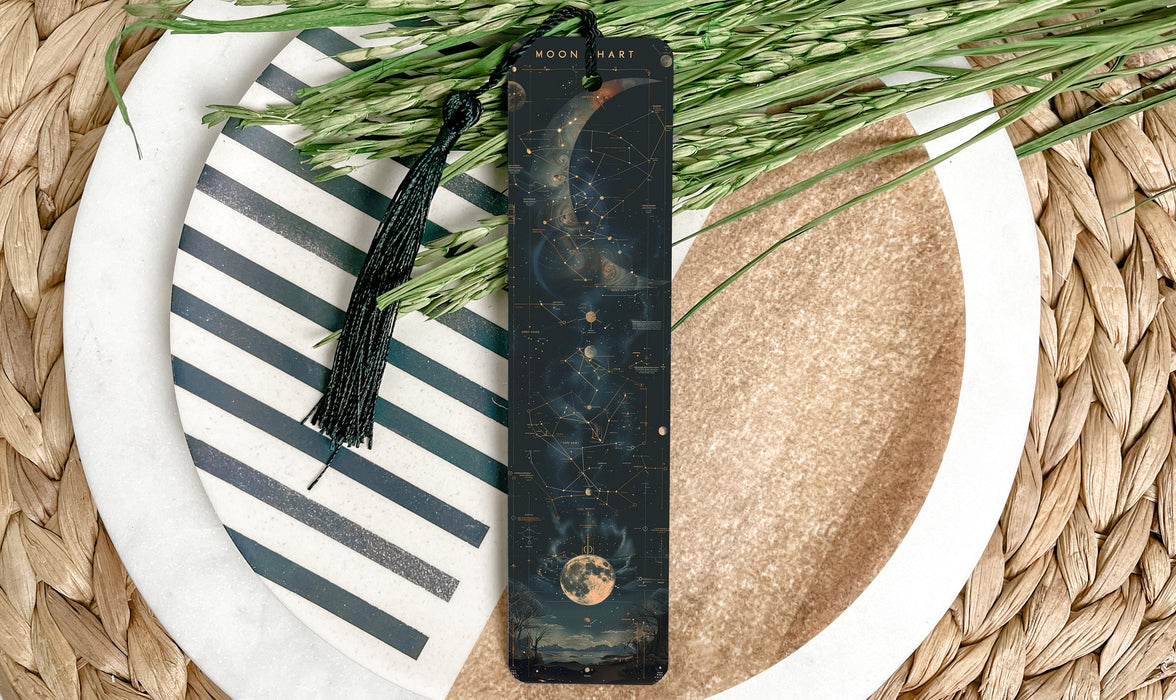 a black bookmark on a plate with a green plant
