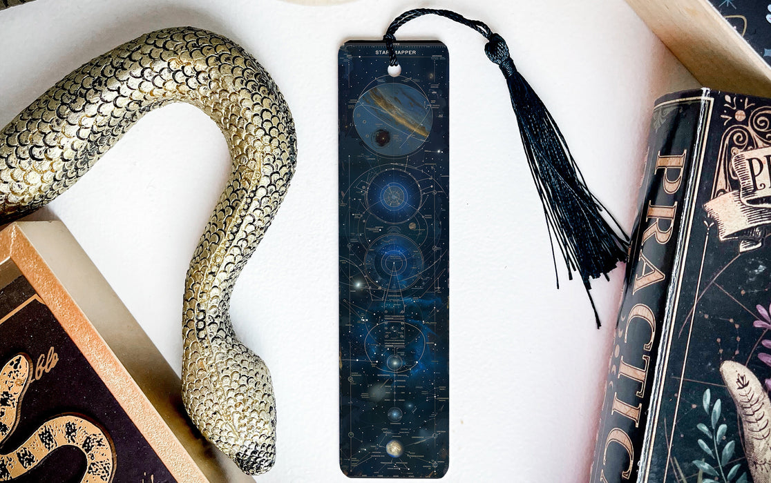 a bookmark, snake, and other items on a table