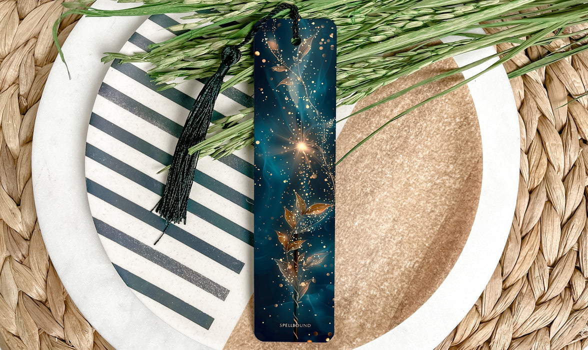 a close up of a plate with a bookmark