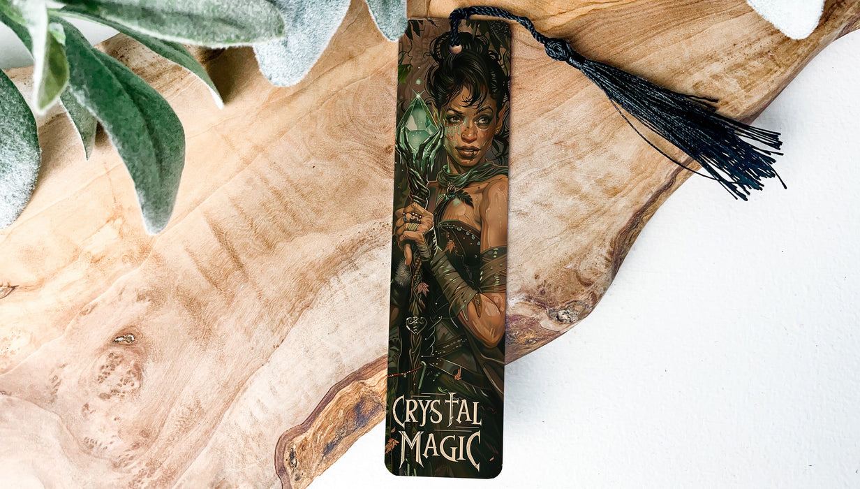 a bookmark with a picture of a woman holding a knife