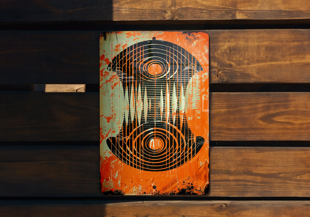 a rusted sign on a wooden wall