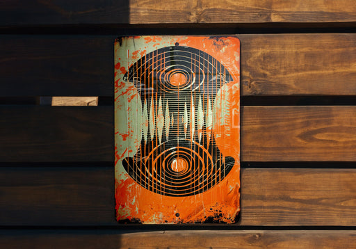 a rusted sign on a wooden wall