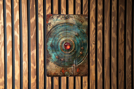 a metal plate mounted to a wooden wall
