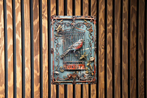 a metal sign with a bird on top of it