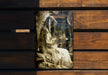 a picture of a statue on a wooden wall