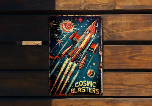 a book with a rocket on it sitting on a bench