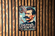 a picture of a man with a mustache on a wooden wall