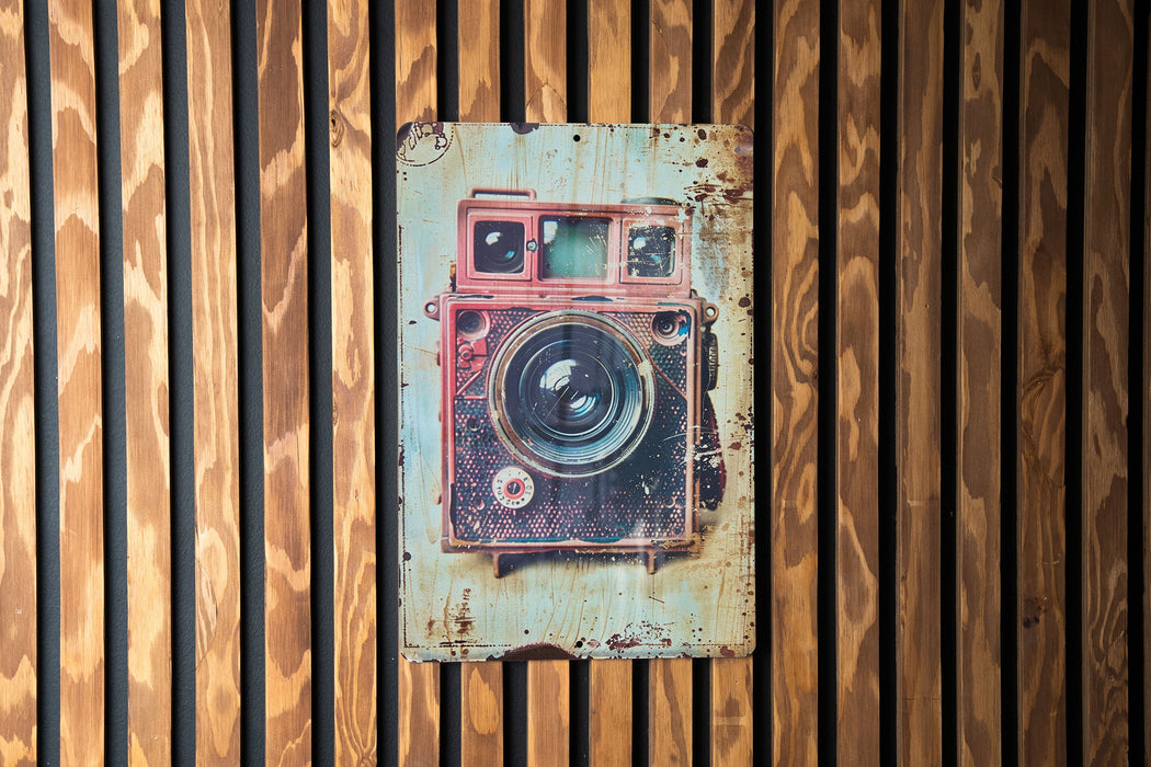 a picture of a camera mounted to a wooden wall