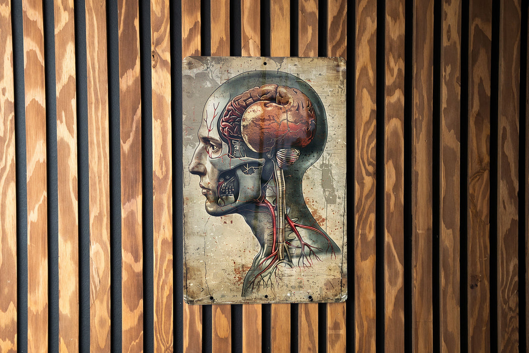 a painting of a human head on a wooden wall