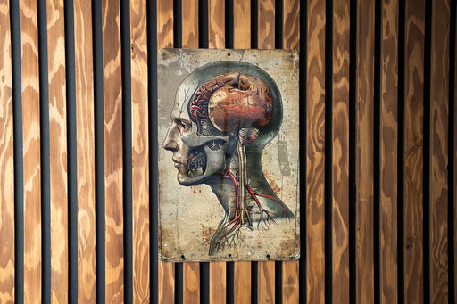 a painting of a human head on a wooden wall