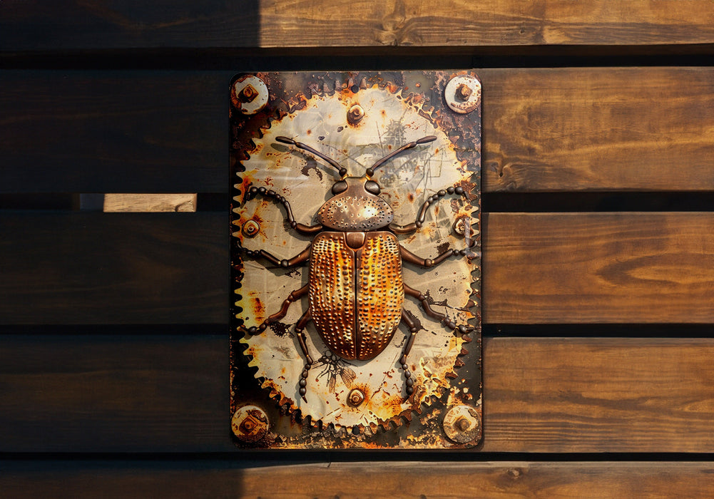 a metal clock with a bug on it on a wooden bench