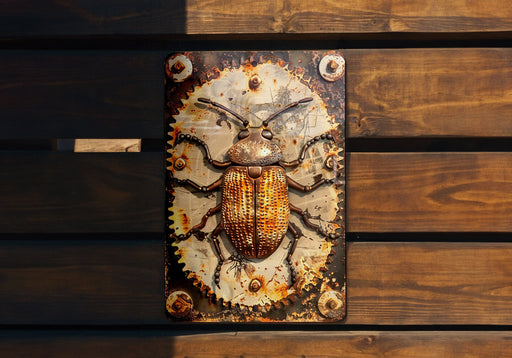 a metal clock with a bug on it on a wooden bench