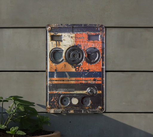an old, rusty radio on the side of a building