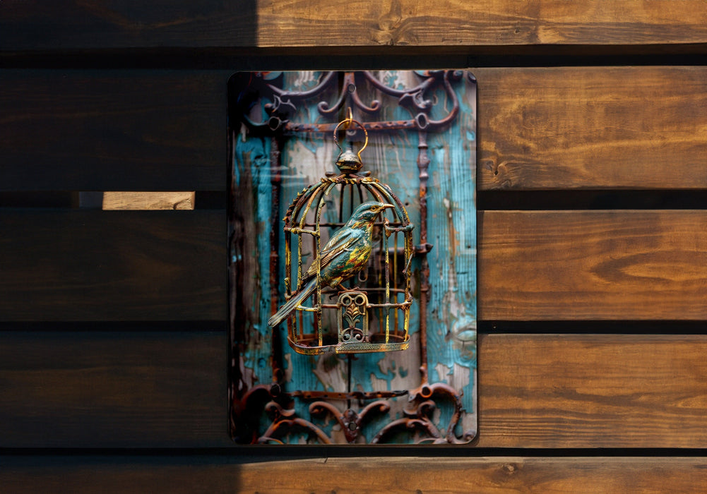 a bird in a cage on a wooden wall