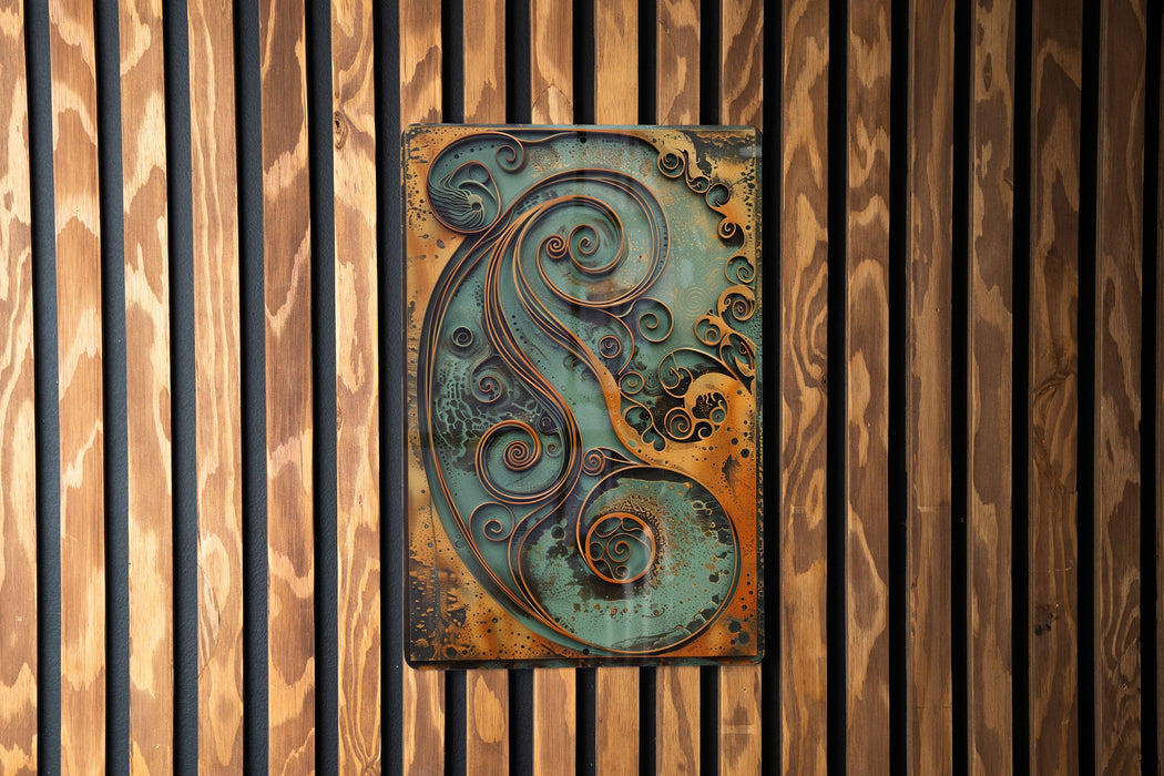 a metal art piece hanging on a wooden wall