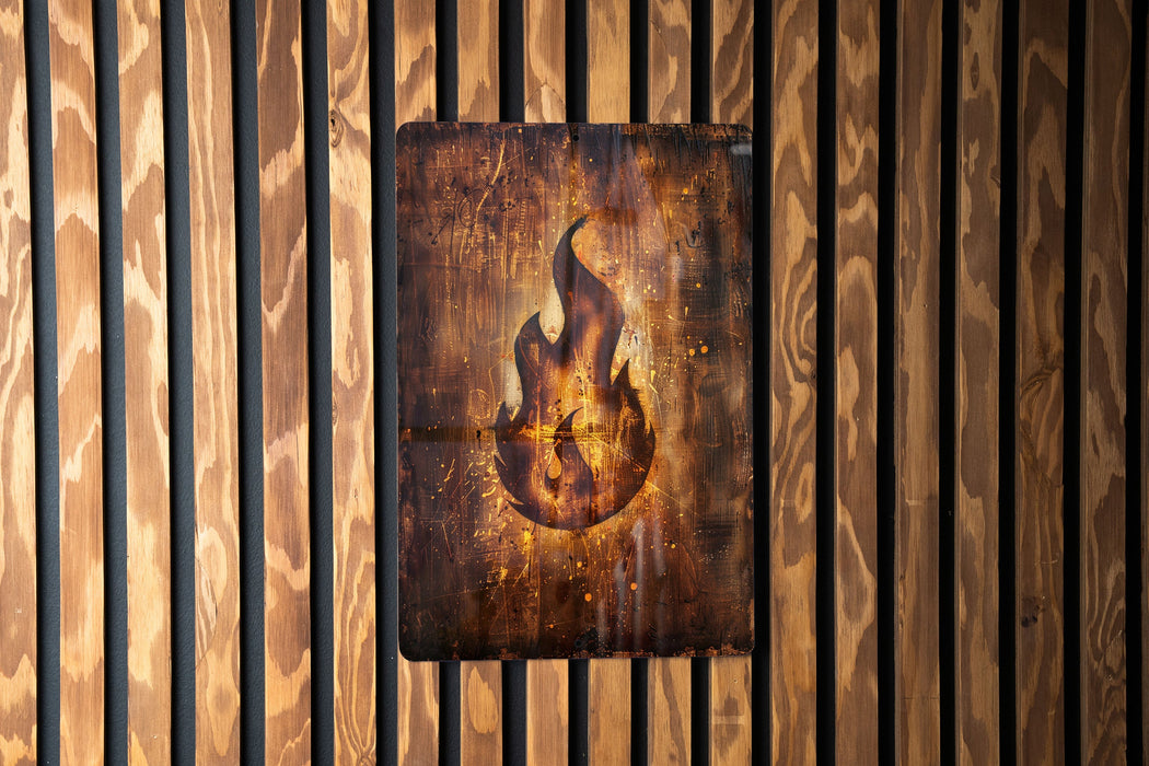 a picture of a fire on a wooden wall