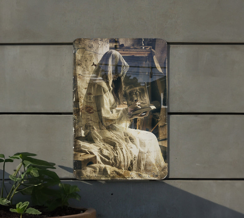 a statue of a woman is reflected in a mirror