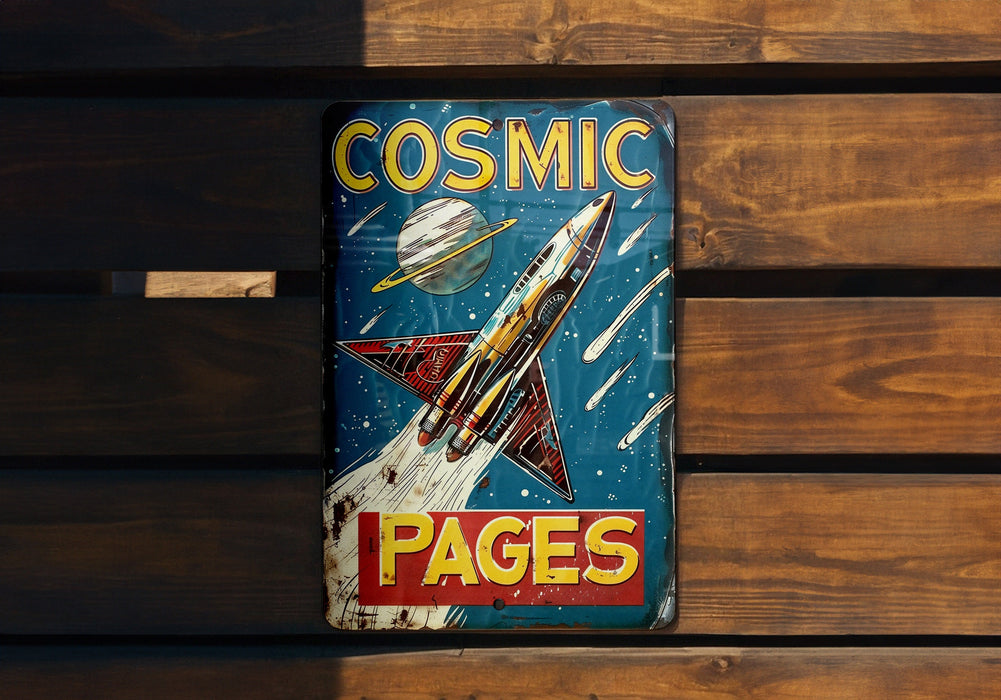 a metal sign that says cosmic pages on it