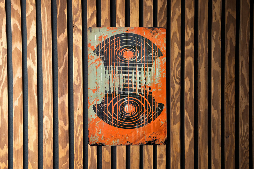 a sign on a wooden wall that has a design on it