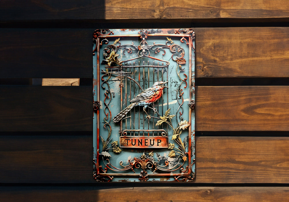 a metal sign with a bird on it