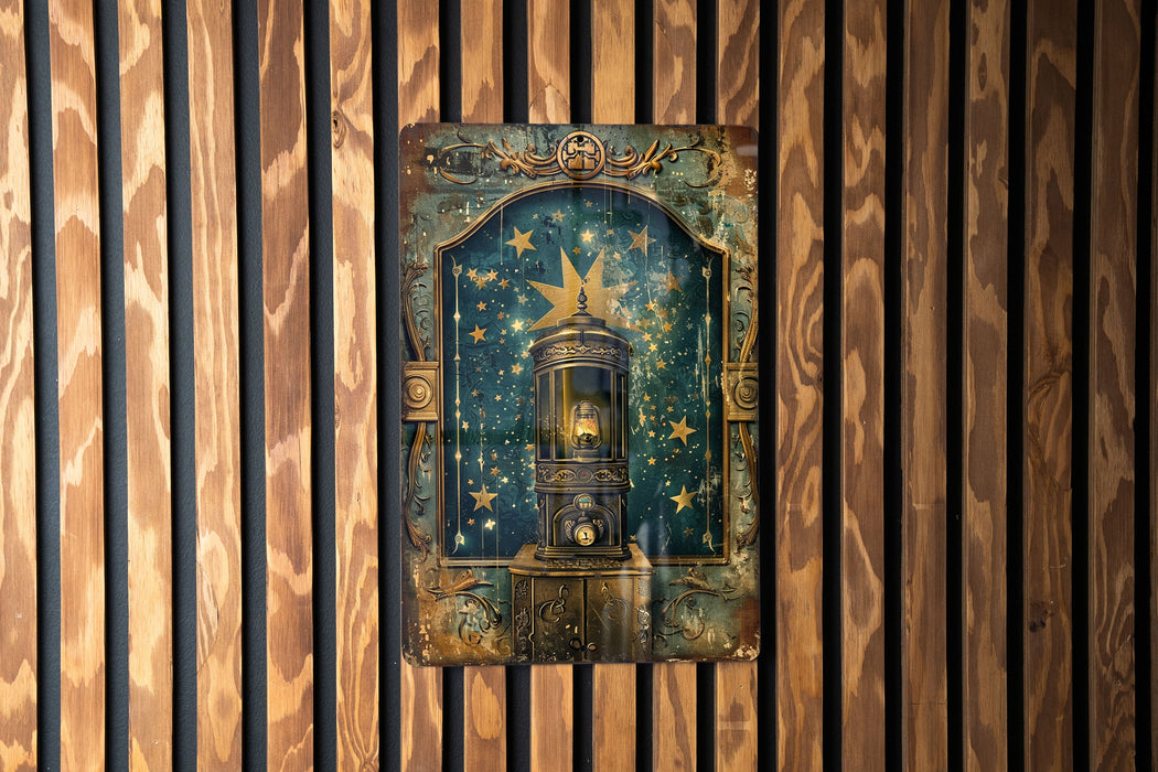 a wooden wall with a clock and stars on it
