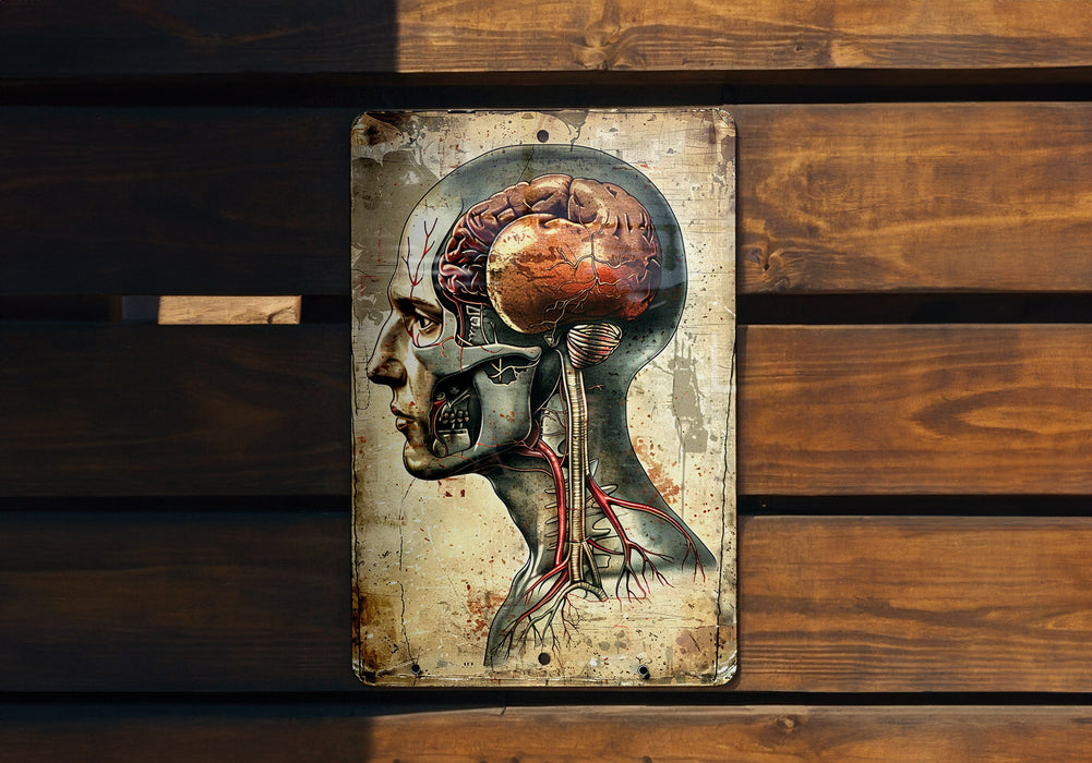 a picture of a human head on a wooden wall