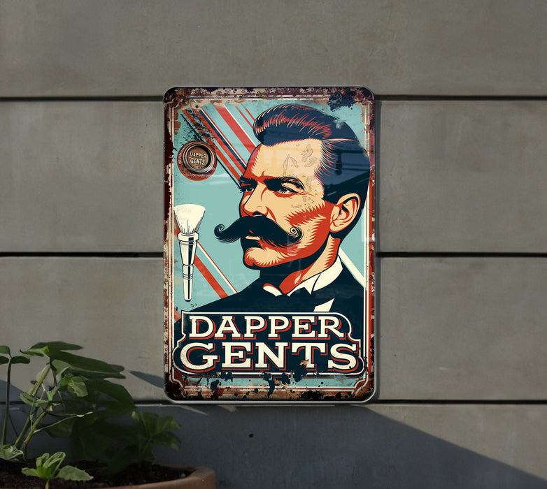 a metal sign with a picture of a man with a mustache