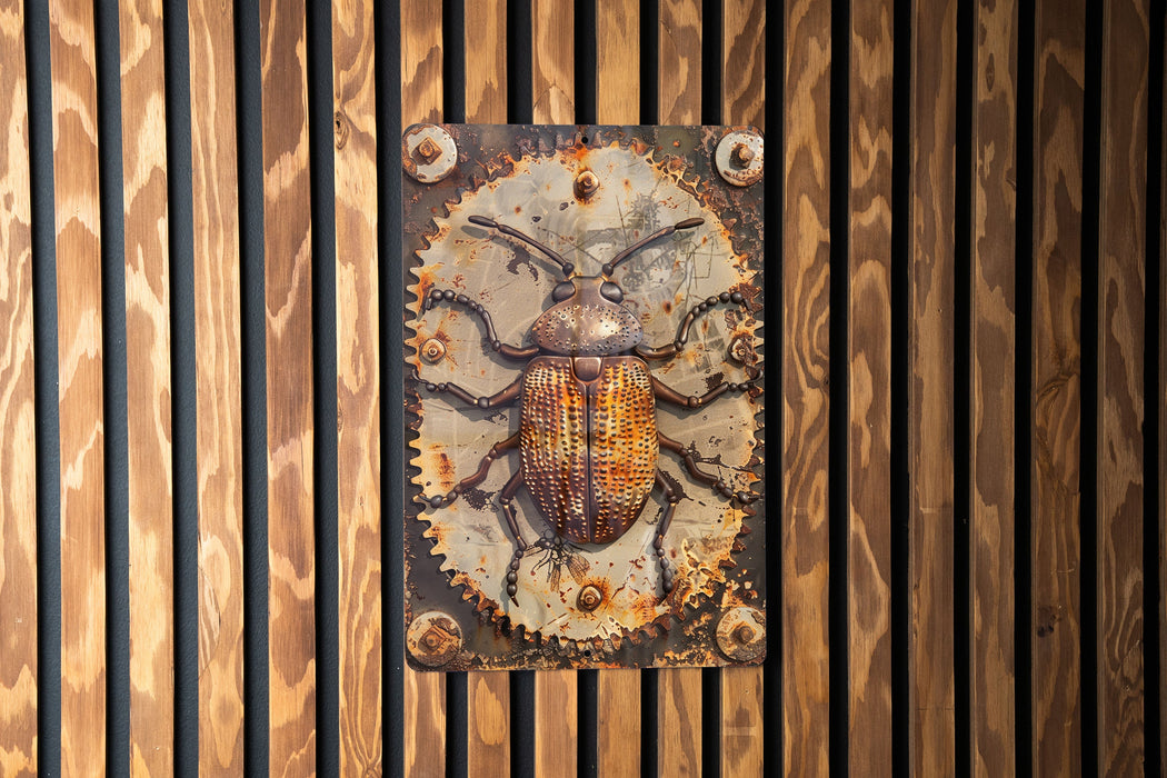 a metal bug on a wooden wall