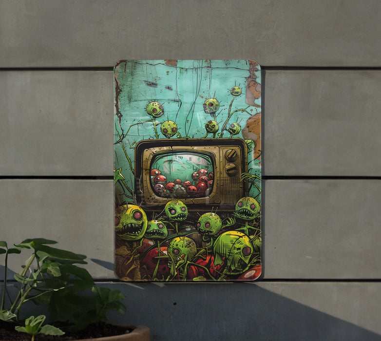 a painting on a wall of plants and a tv