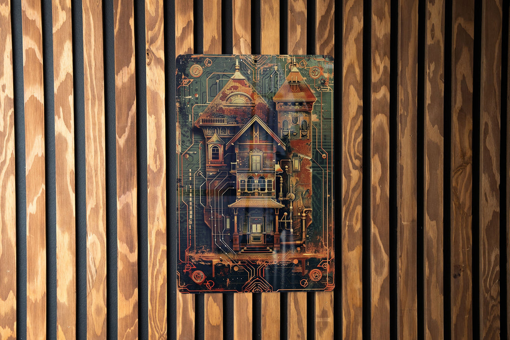 a wooden wall with a picture of a house on it