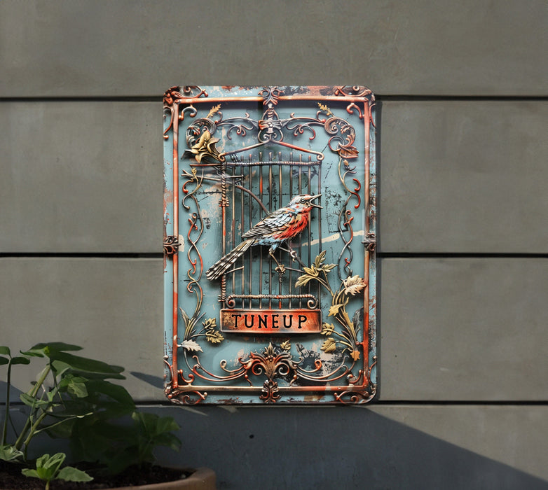 a bird is sitting on top of a metal sign