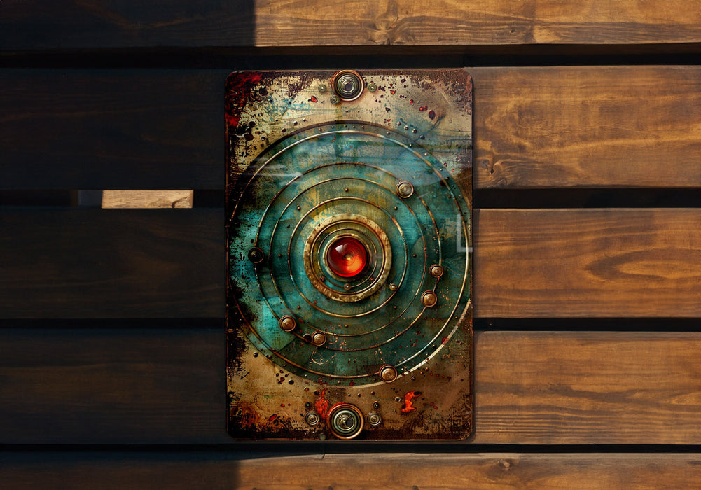 a piece of metal sitting on top of a wooden bench