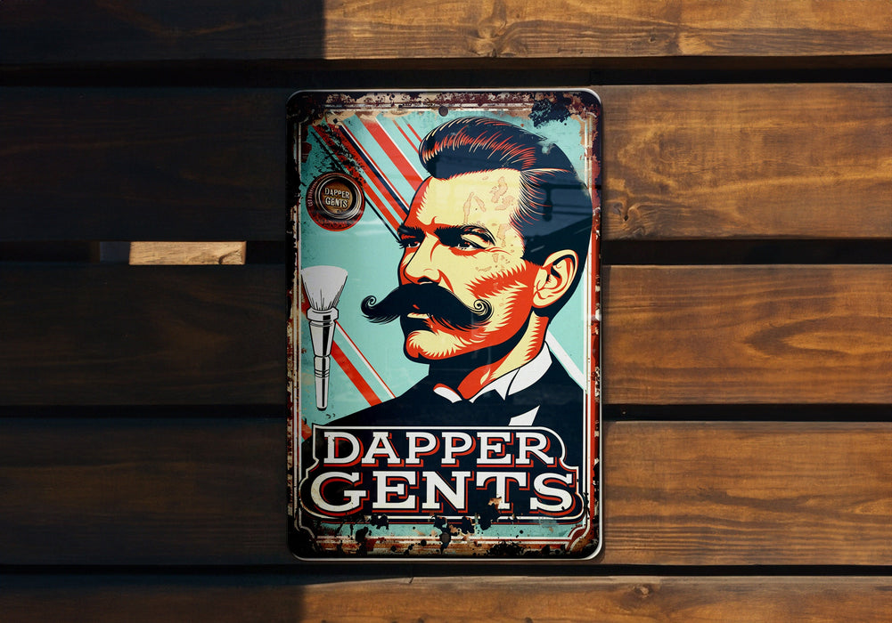 a tin sign with a picture of a man with a mustache