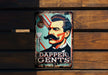 a tin sign with a picture of a man with a mustache
