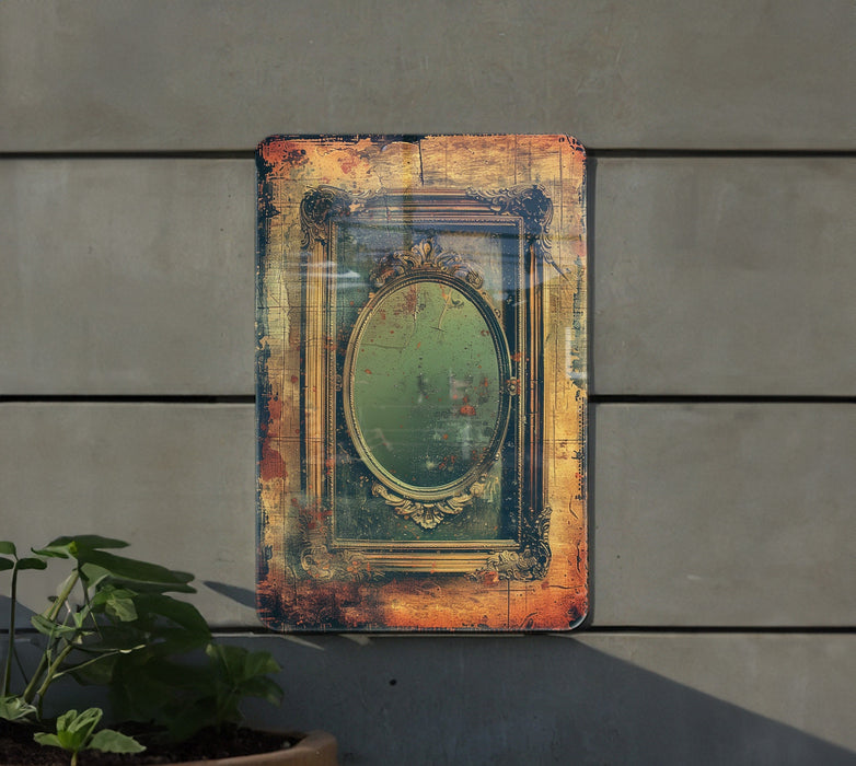 a picture of a mirror on a wall next to a potted plant