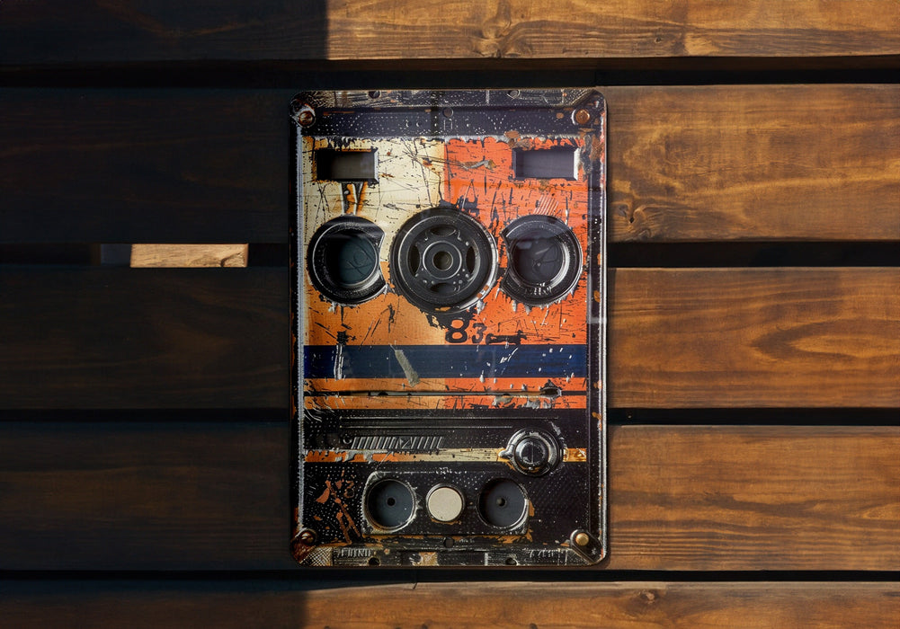 an old radio sitting on top of a wooden bench