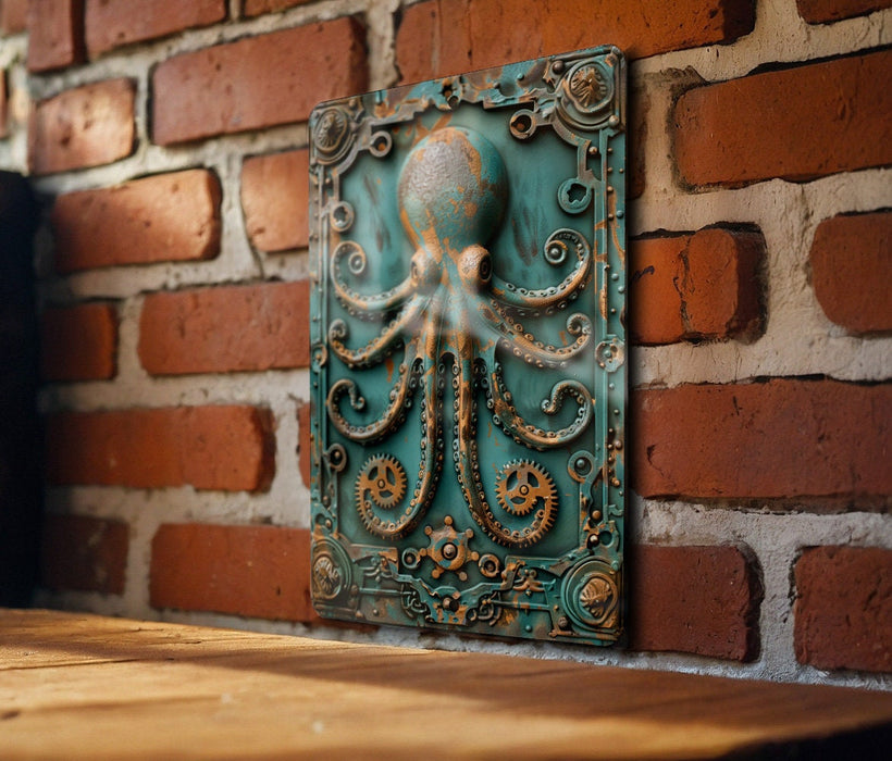 a wooden table topped with a metal octopus plaque