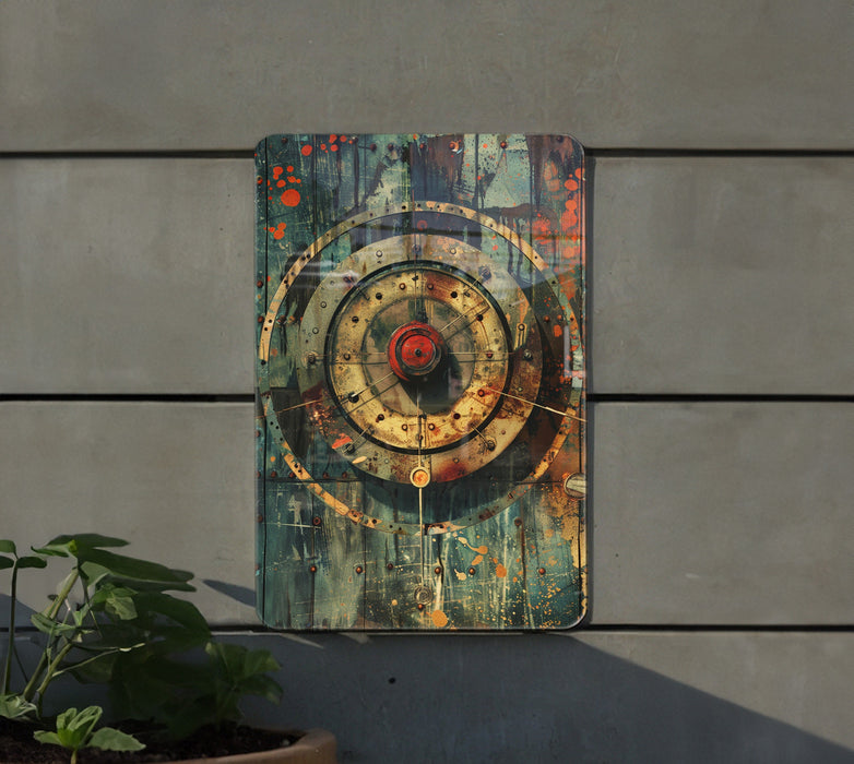 a picture of a clock on a wall next to a potted plant